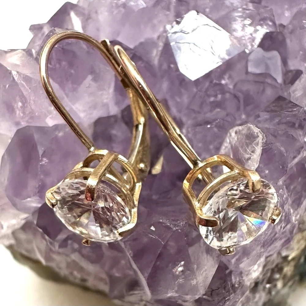 10k Solid Yellow Gold Leverback Round Brilliant CZ Cubic Zirconia Earrings 1.52g